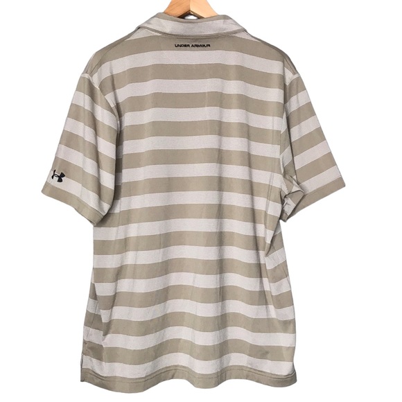 Under Armour UA Polo Golf Shirt Short Sleeve Tan Cream Stripes Men’s Large - Picture 6 of 11